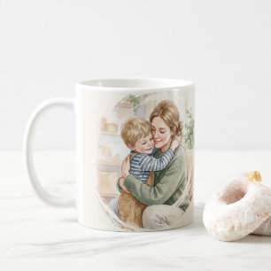 Persoonlijke moeder knuffelt zoon waterverf  koffiemok