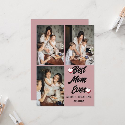 Persoonlijke moederdag, drie foto-collage cadeau kaart (Voorkant / Achterkant in situ)