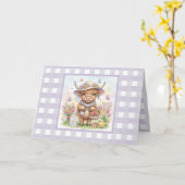 Persoonlijke Moederdag Highland Koe Gingham Kaart (Gele Bloem)