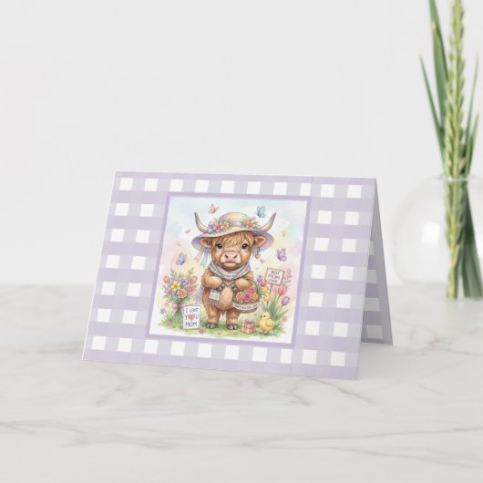 Persoonlijke Moederdag Highland Koe Gingham Kaart (Voorkant)