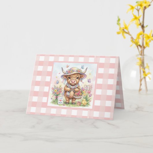 Persoonlijke Moederdag Koe Roze Gingham Kaart (Gele Bloem)