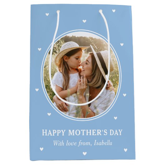 Persoonlijke Moederdagfoto's Cute Blauwe Witte Medium Cadeauzakje (Voorkant)