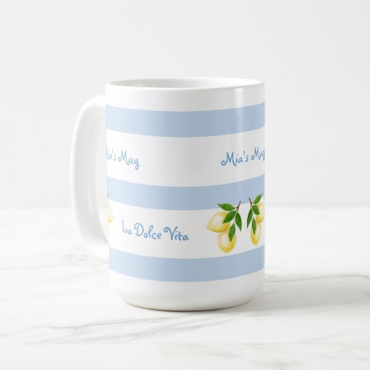 Persoonlijke mok met blauwe strepen en strandthema (Voorkant links)