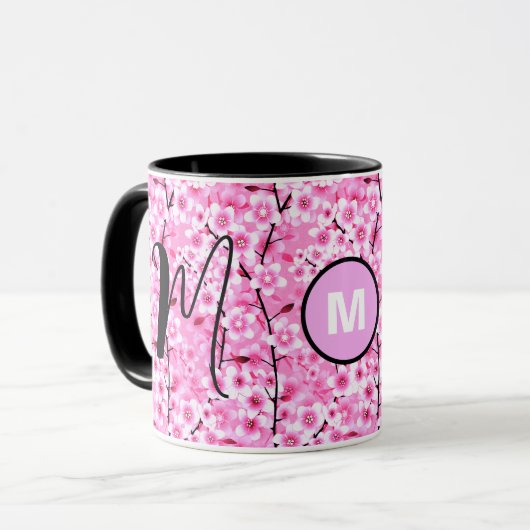 Persoonlijke mok | Roze bloemige mok met monogram  (Voorkant links)