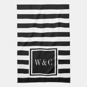 Persoonlijke monogram beginletters zwart wit gestr theedoek