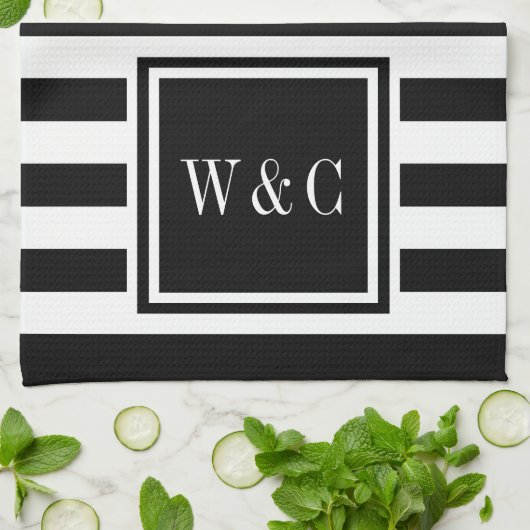 Persoonlijke Monogram Beginletters Zwart Wit Stree Theedoek (Gevouwen)