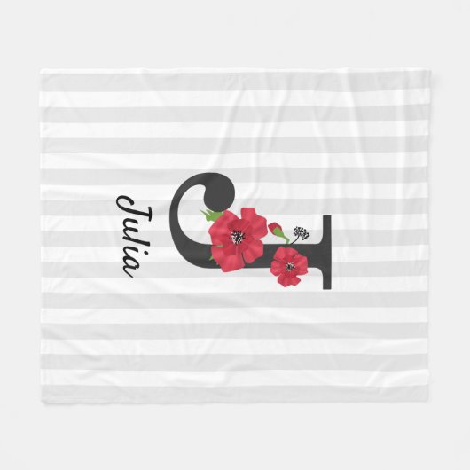 Persoonlijke monogram bewerkbare J tekst rode bloe Fleece Deken (Voorkant (Horizontaal))