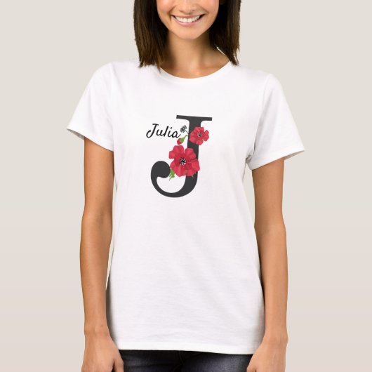 Persoonlijke monogram bewerkbare J tekst rode bloe T-shirt (Voorkant)