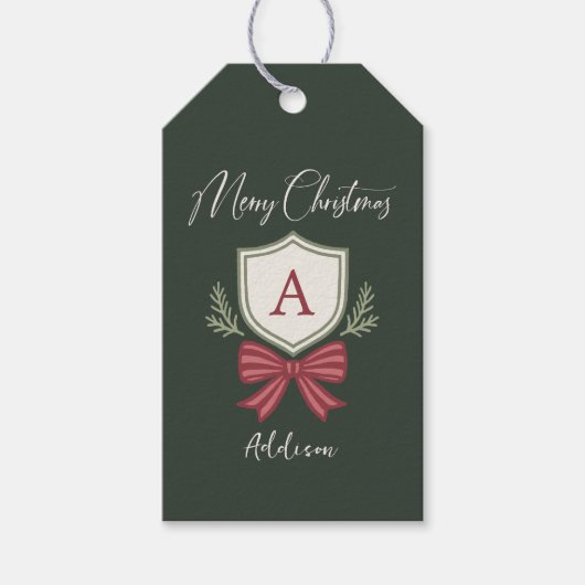 Persoonlijke monogram gestreepte strik vrolijk ker cadeaulabel (Voorkant)