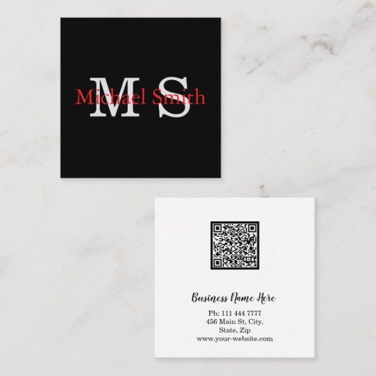 Persoonlijke Monogram Minimalistische B&W QR-code Vierkante Visitekaartje (Voorkant / Achterkant)