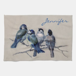 Persoonlijke monogram Naam Blauwe Grijze vogels Theedoek