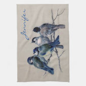 Persoonlijke monogram Naam Blauwe Grijze vogels  Theedoek (Verticaal)