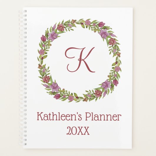 Persoonlijke monogram roze en groene bloemenkrans  planner (Voorkant)