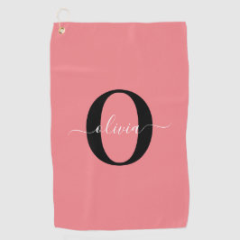 Persoonlijke Monogram Script Naam Zwart Wit Roze Golfhanddoek