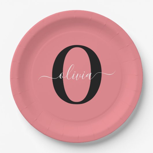 Persoonlijke Monogram Script Naam Zwart Wit Roze Papieren Bordje (Voorkant)