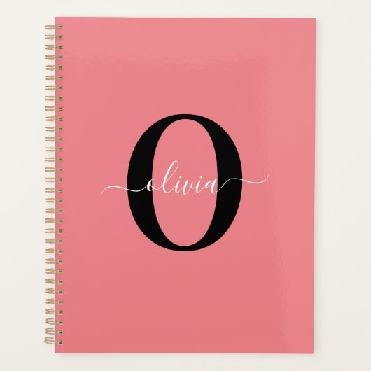 Persoonlijke Monogram Script Naam Zwart Wit Roze Planner (Voorkant)