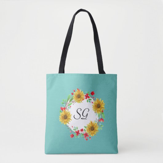 Persoonlijke Monogram Zonnebloem Boodschappen Tote Bag (Voorkant)