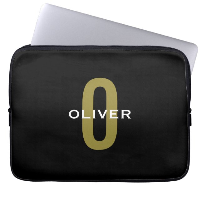 Persoonlijke Monogram Zwarte Gouden Witte Naam Laptop Sleeve (Voorkant)