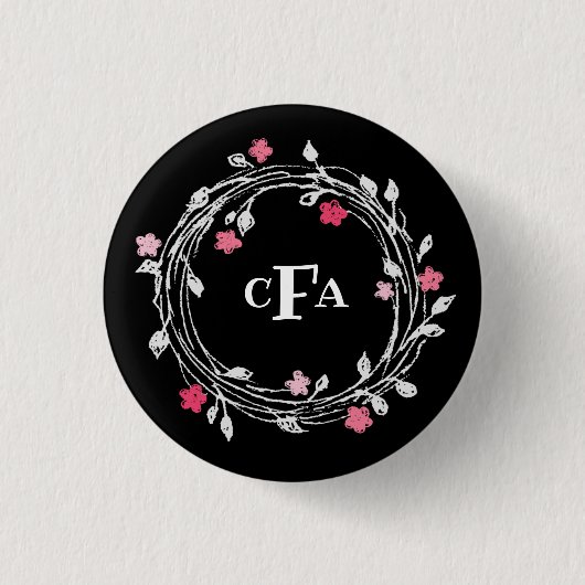 Persoonlijke Monogram Zwarte & Witte Bloemenkrans Ronde Button 3,2 Cm (Voorkant)