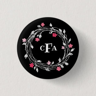 Persoonlijke Monogram Zwarte & Witte Bloemenkrans Ronde Button 3,2 Cm