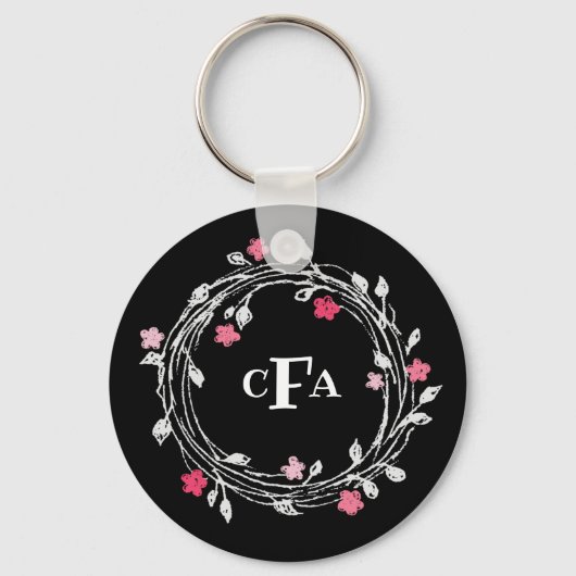 Persoonlijke Monogram Zwarte & Witte Bloemenkrans Sleutelhanger (Voorkant)