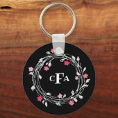 Persoonlijke Monogram Zwarte & Witte Bloemenkrans Sleutelhanger (Voorkant)