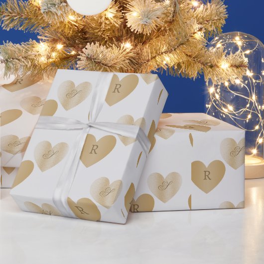 Persoonlijke monogrammen, dubbele gouden harten cadeaupapier (Feestdagen)