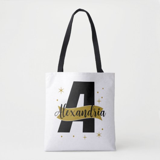 Persoonlijke Monogramnaam Zwart en Goud Tote Bag (Voorkant)