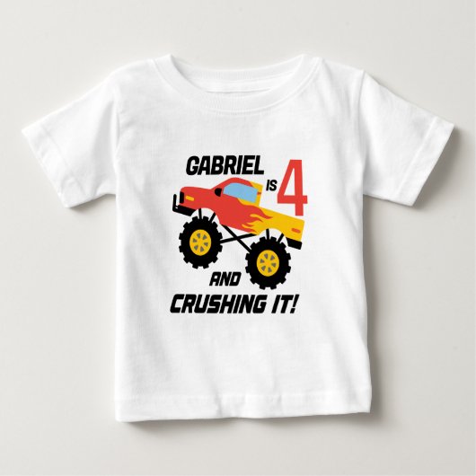Persoonlijke monstertruck T-shirt voor 4e verjaard (Voorkant)