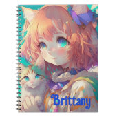 Persoonlijke Mooie Anime Meisje met Cute Kitten Notitieboek (Voorkant)
