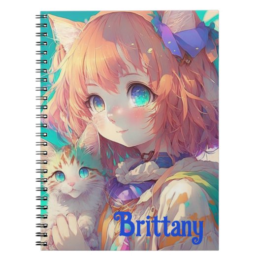 Persoonlijke Mooie Anime Meisje met Cute Kitten Notitieboek (Voorkant)