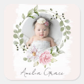 Persoonlijke mooie blush roze bloemen baby meisje vierkante sticker (Voorkant)
