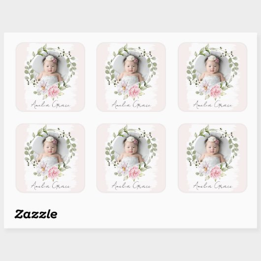 Persoonlijke mooie blush roze bloemen baby meisje vierkante sticker (Vel)