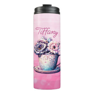Persoonlijke mooie vintage theekop met bloemen thermosbeker