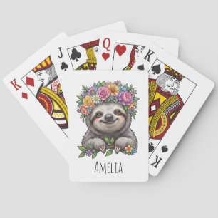 Persoonlijke Mopige Bloem Sloth met Bloemenkrans   Pokerkaarten