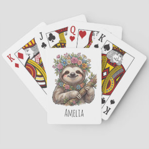 Persoonlijke Mopige Bloem Sloth met Bloemenkrans   Pokerkaarten