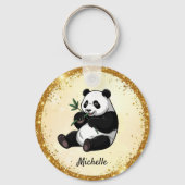 Persoonlijke Mopige Panda Beer Groene Bamboe Goud Sleutelhanger (Achterkant)