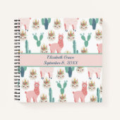 Persoonlijke Mopige Roze Lama's en Groene Cactus Notitieboek (Voorkant)