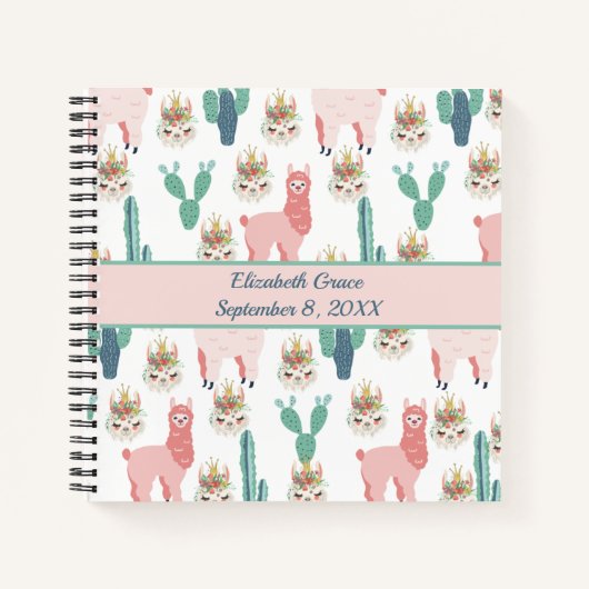 Persoonlijke Mopige Roze Lama's en Groene Cactus Notitieboek (Voorkant)