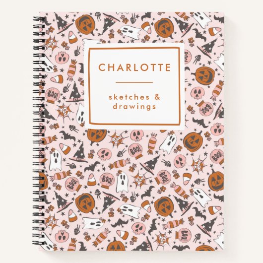 Persoonlijke Moppertjes Roze Halloween Geesten Pom Notitieboek (Voorkant)
