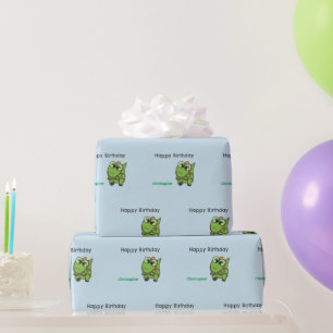 Persoonlijke moppige groene dinosauriërs blauwe ve cadeaupapier