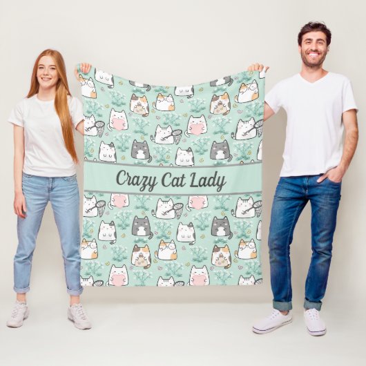 Persoonlijke Moppige Katten Mintgroen Grijs Roze Fleece Deken (In situ)