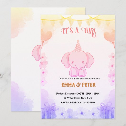 Persoonlijke Moppige Olifant Roze Baby Shower Kaart (Voorkant / Achterkant)