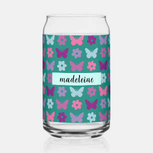 Persoonlijke multikleurige bloemen en vlinders blikvorm glas