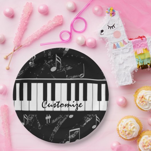Persoonlijke muziek in zwart-wit en piano papieren bordje (Feest)