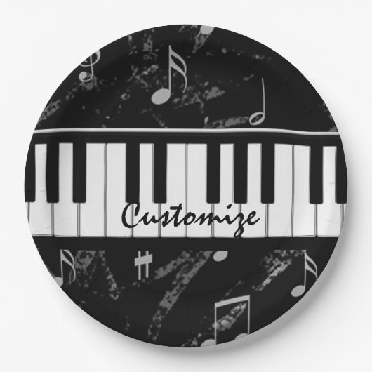 Persoonlijke muziek in zwart-wit en piano papieren bordje (Voorkant)