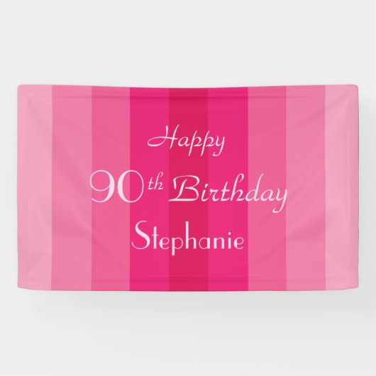 Persoonlijke naam 90th Birthday Party Pink Stripes Spandoek (Horizontaal)