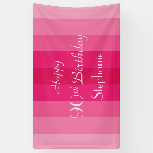 Persoonlijke naam 90th Birthday Party Pink Stripes Spandoek (Verticaal)