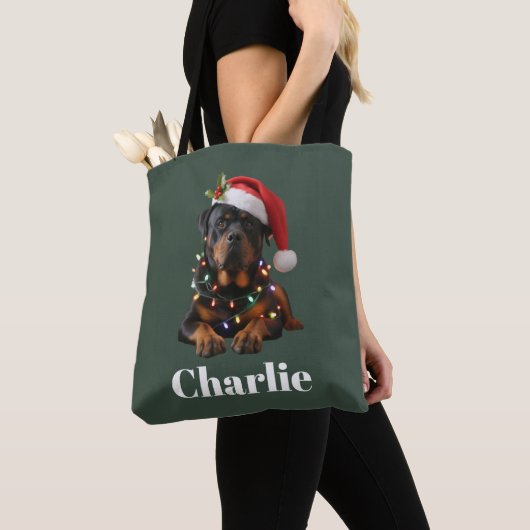 Persoonlijke naam aangepaste Rottweiler hond kerst Tote Bag (Dichtbij)
