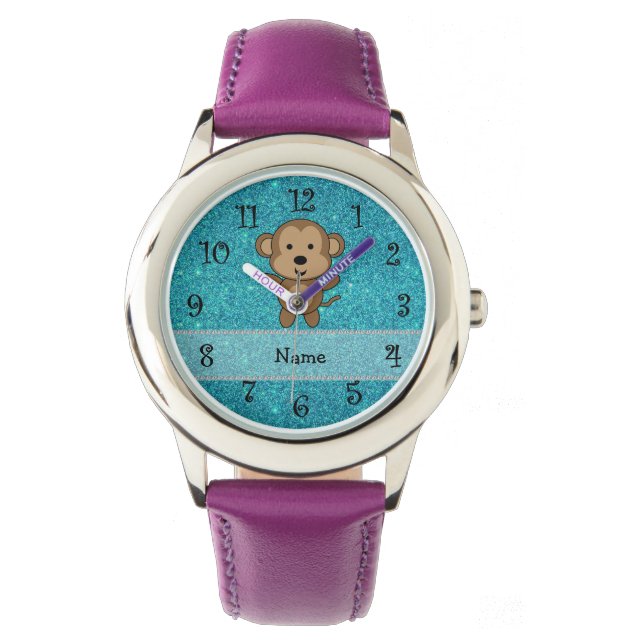 Persoonlijke naam aap turquoise glitter horloge (Voorkant)